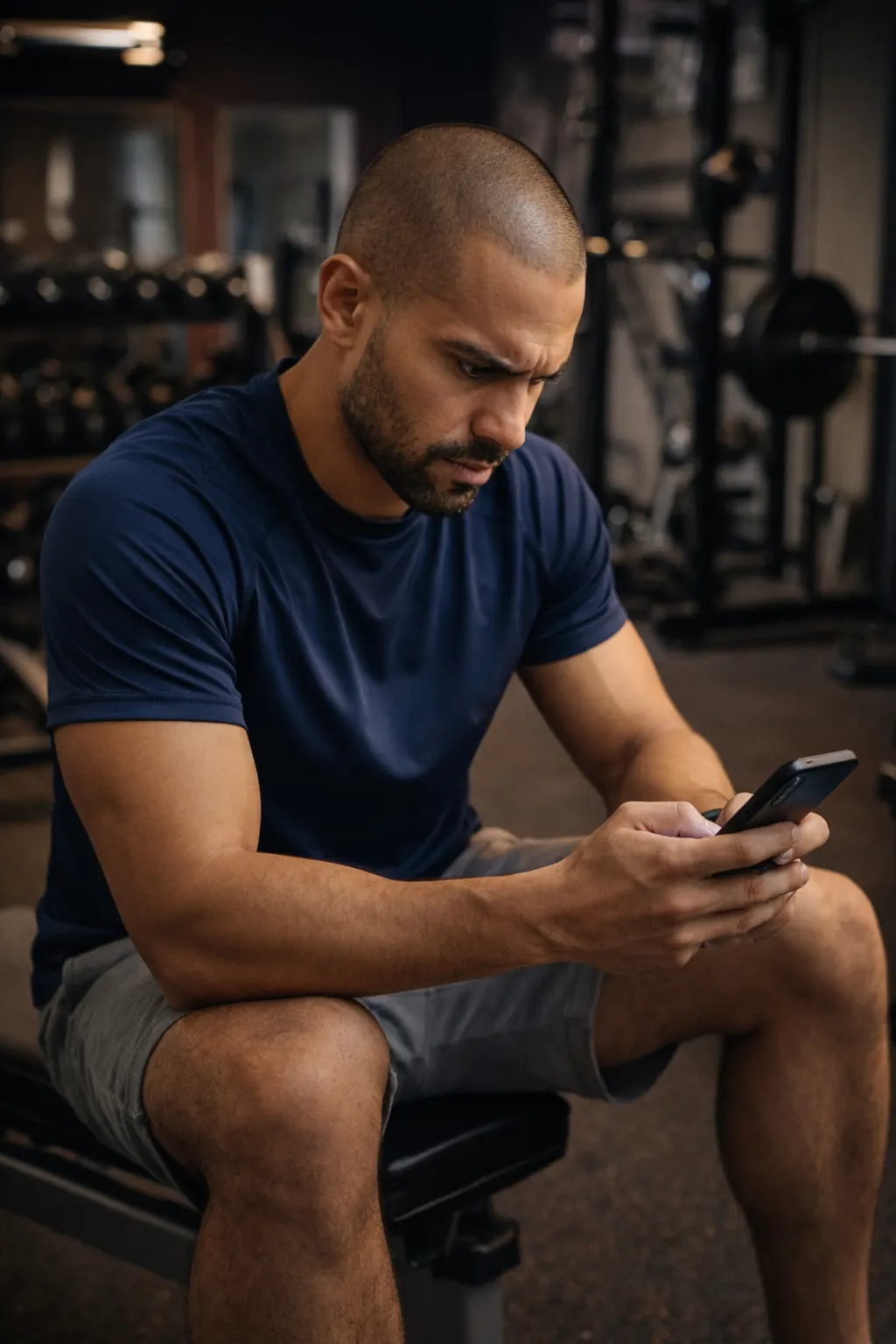 Personal trainer preocupado olhando o celular